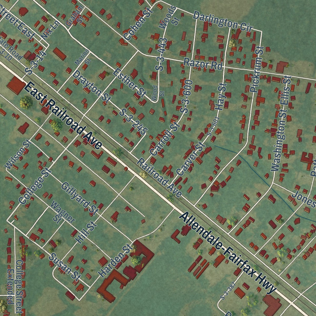 Second close-up of the map of Allendale, South Carolina print showing more streets and buildings