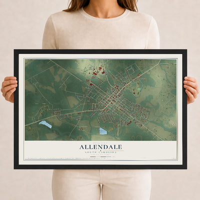 Map of Allendale, South Carolina, 12 x 18 inch print in a black wood frame