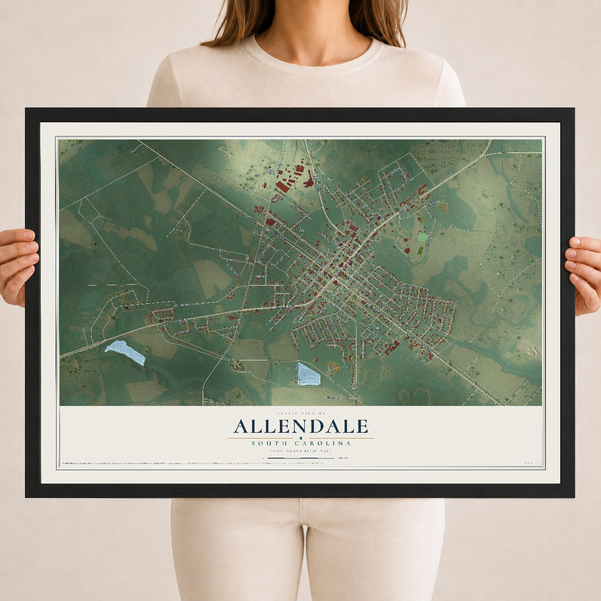 Map of Allendale, South Carolina, 18 x 24 inch print in a black wood frame