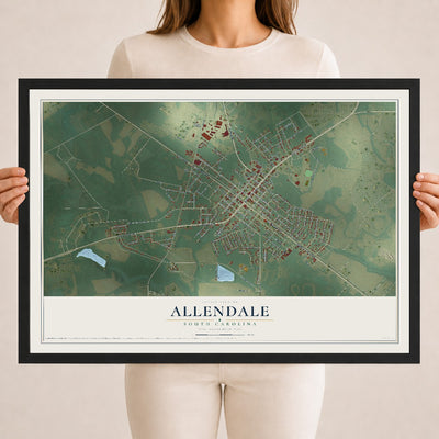 Map of Allendale, South Carolina, 18 x 24 inch print in a black wood frame