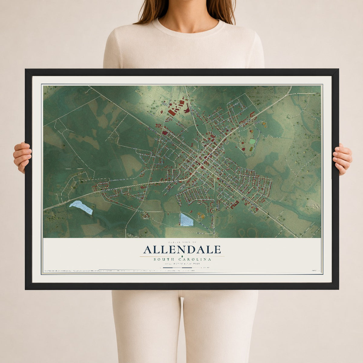 Map of Allendale, South Carolina, 24 x 36 inch print in a black wood frame