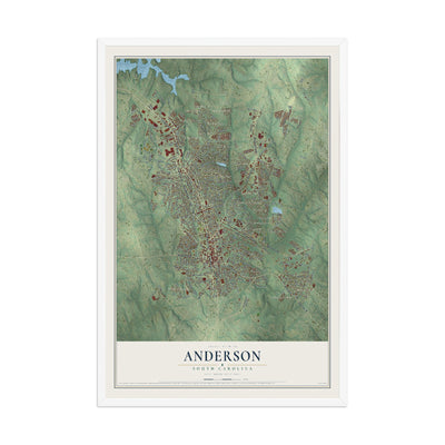 Map of Anderson, South Carolina, 12 x 18 inch print in a white wood frame