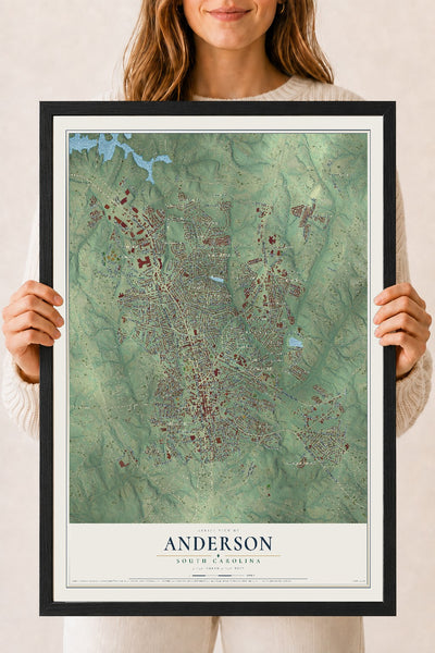 Map of Anderson, South Carolina, 18 x 24 inch print in a black wood frame