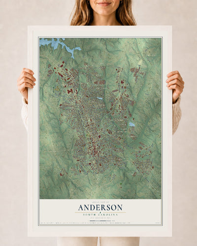 Map of Anderson, South Carolina, 24 x 36 inch print in a white wood frame