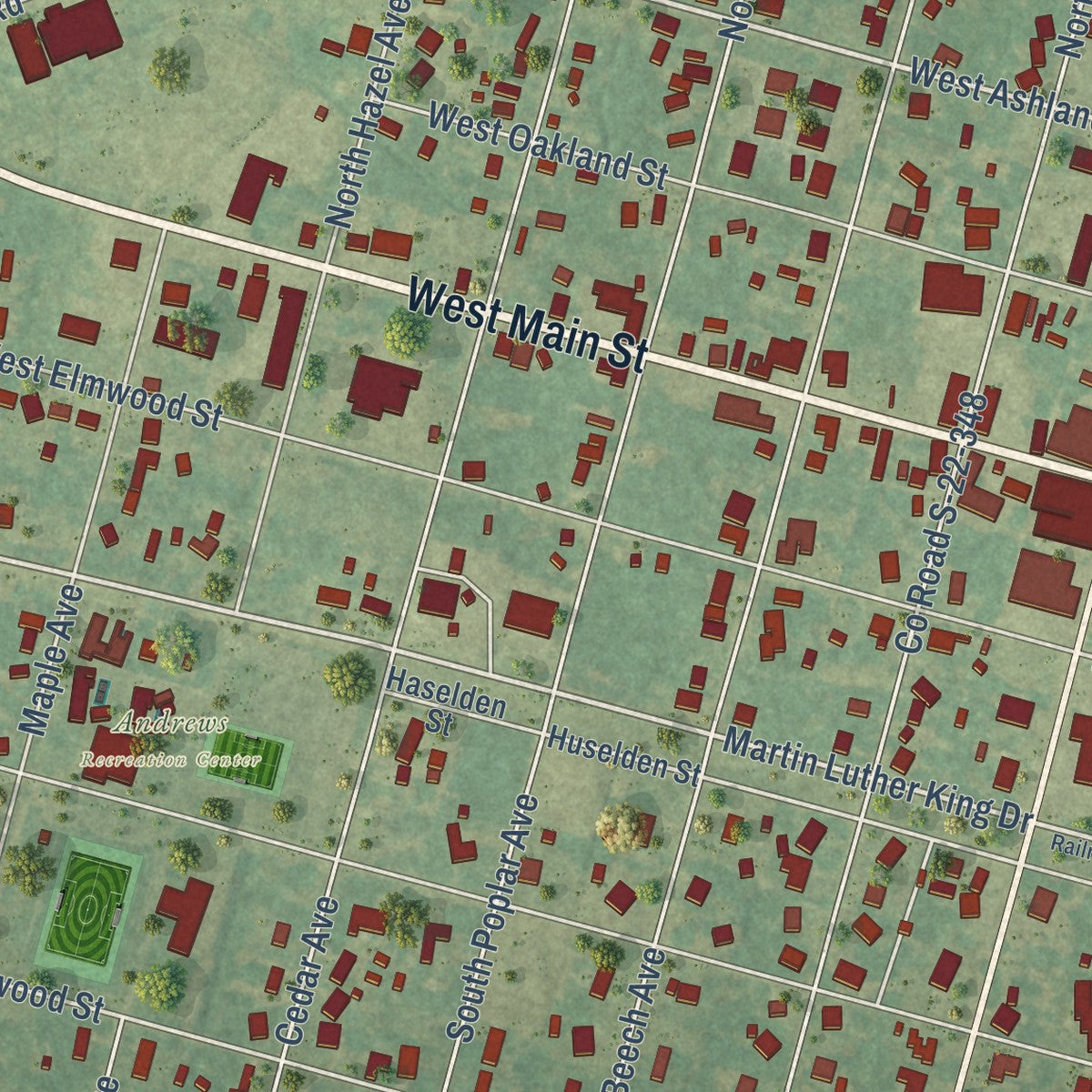 Close-up of the map of Andrews, South Carolina print showing street and building detail