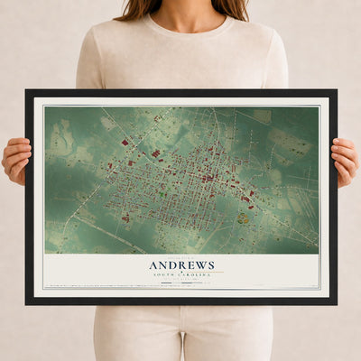 Map of Andrews, South Carolina, 12 x 18 inch print in a black wood frame