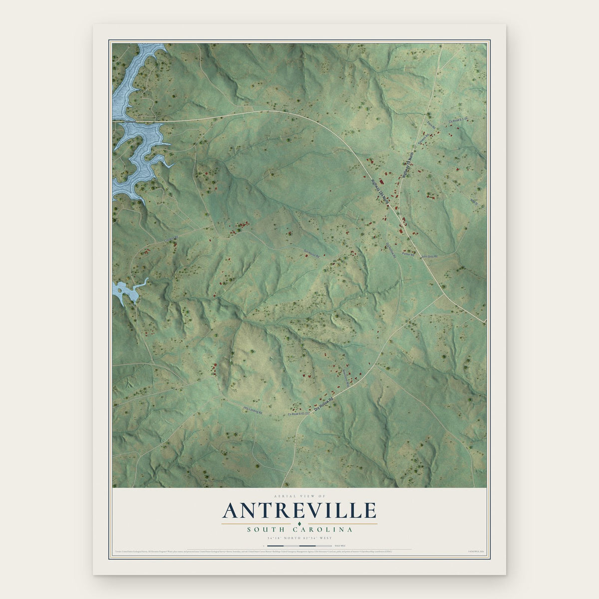 Antreville, South Carolina map print, the full design