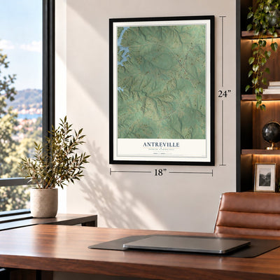 Antreville, South Carolina map, 18 x 24 inch print in a black frame in a home office