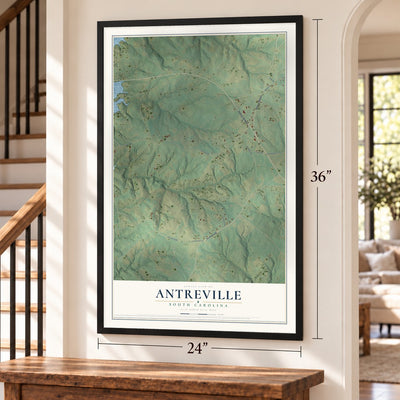 Antreville, South Carolina map, 24 x 36 inch print in a black frame by a staircase