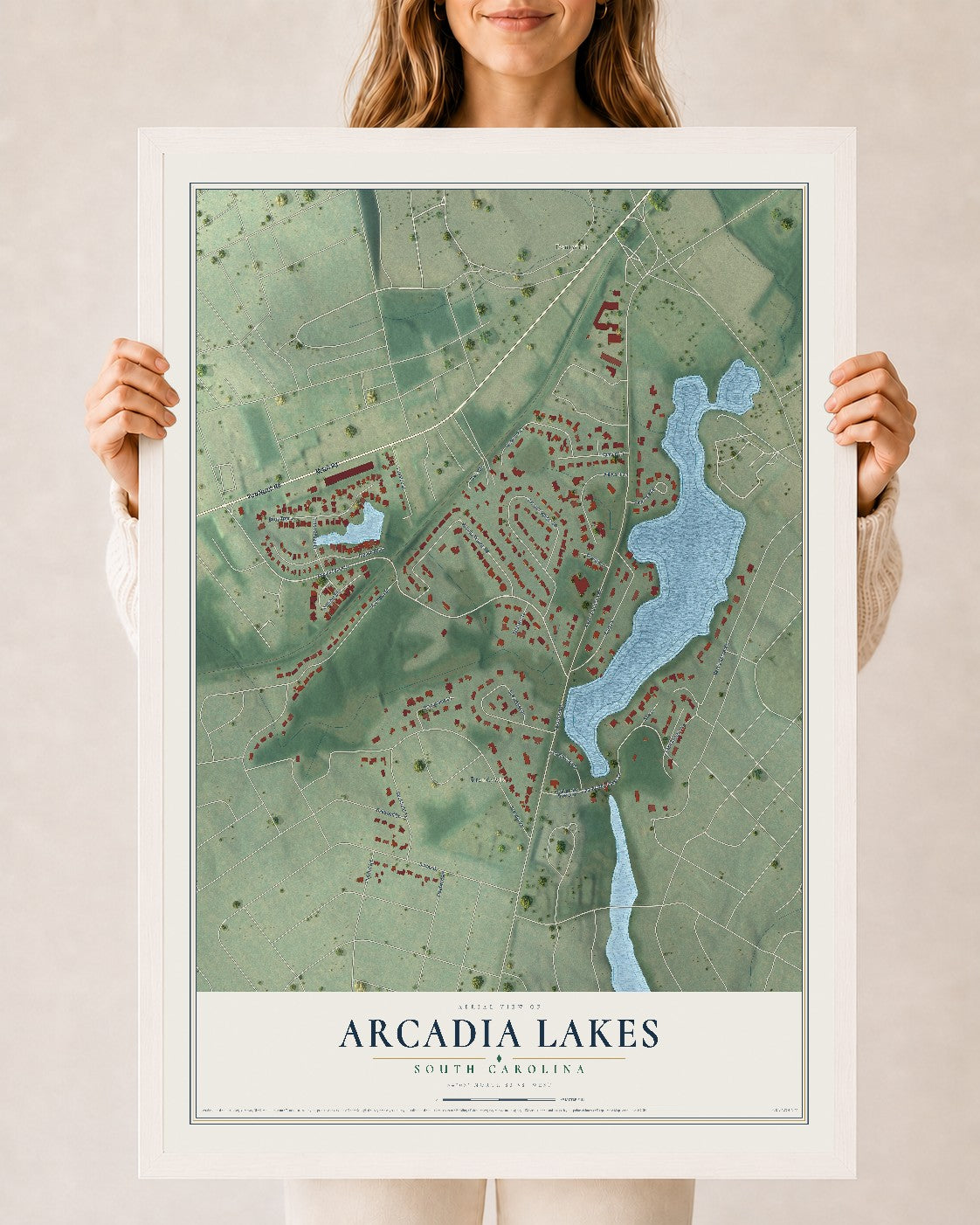 Map of Arcadia Lakes, South Carolina, 24 x 36 inch print in a white wood frame