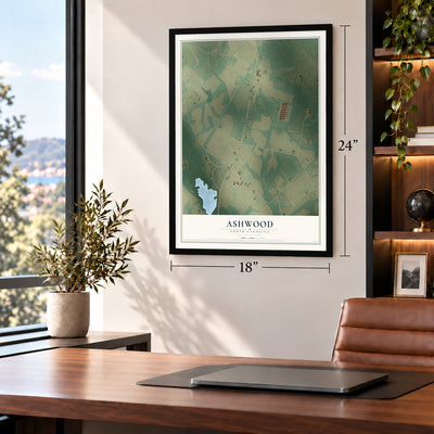 Ashwood, South Carolina map, 18 x 24 inch print in a black frame in a home office