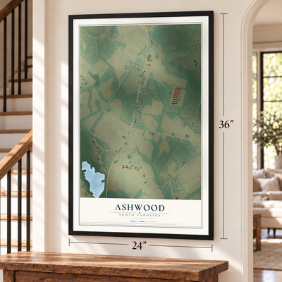 Ashwood, South Carolina map, 24 x 36 inch print in a black frame by a staircase