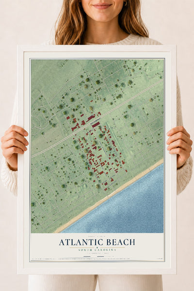 Map of Atlantic Beach, South Carolina, 18 x 24 inch print in a white wood frame