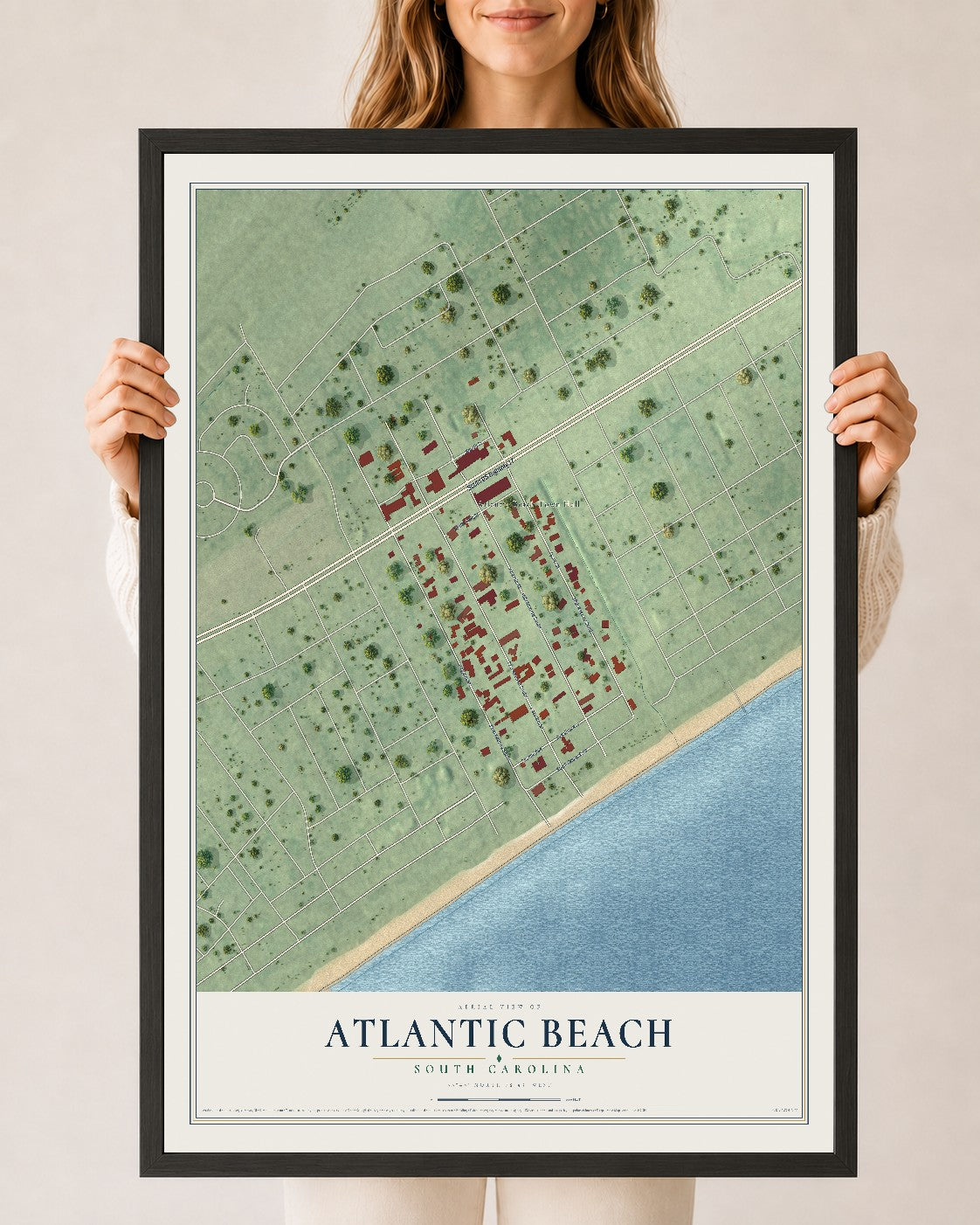 Map of Atlantic Beach, South Carolina, 24 x 36 inch print in a black wood frame