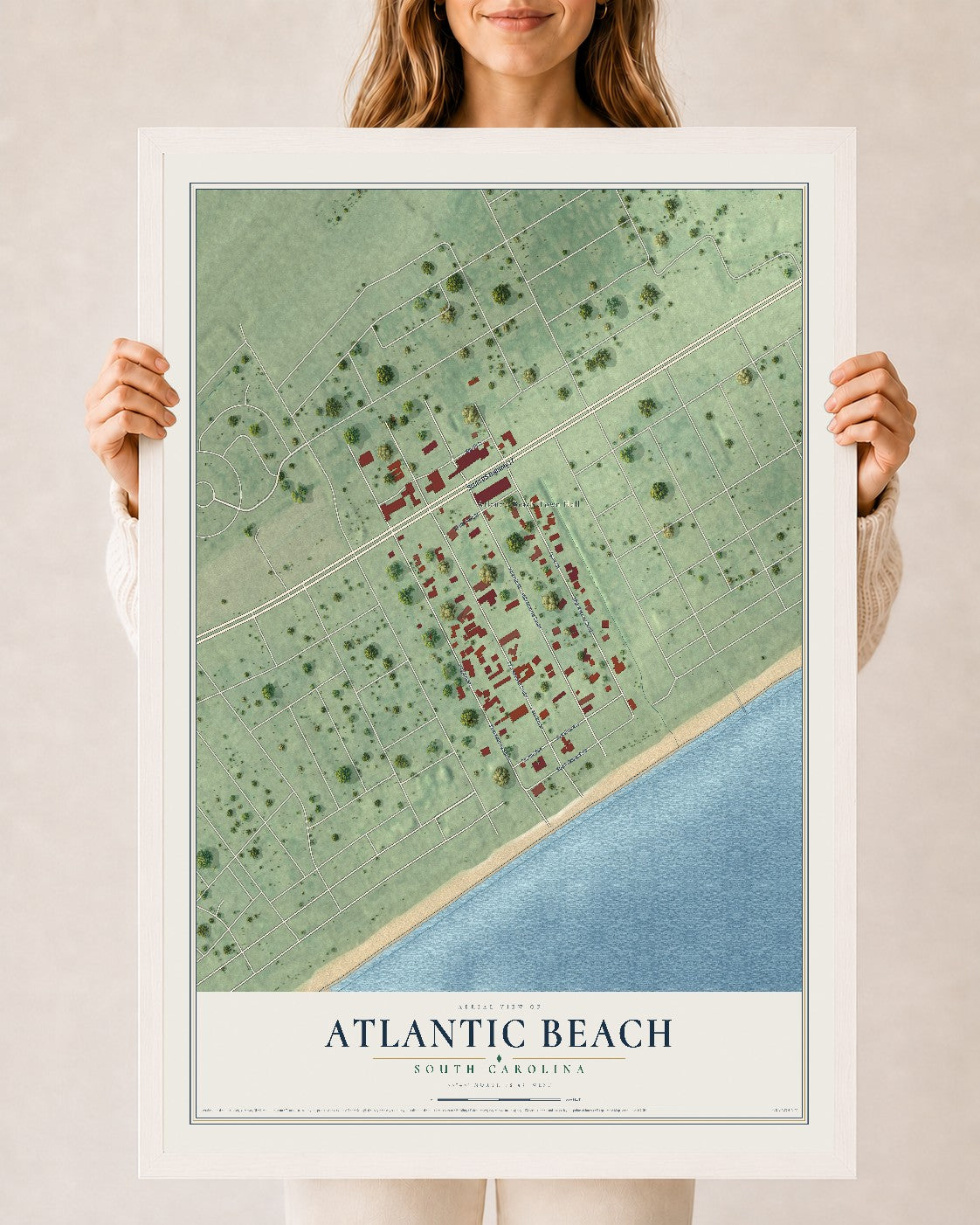 Map of Atlantic Beach, South Carolina, 24 x 36 inch print in a white wood frame