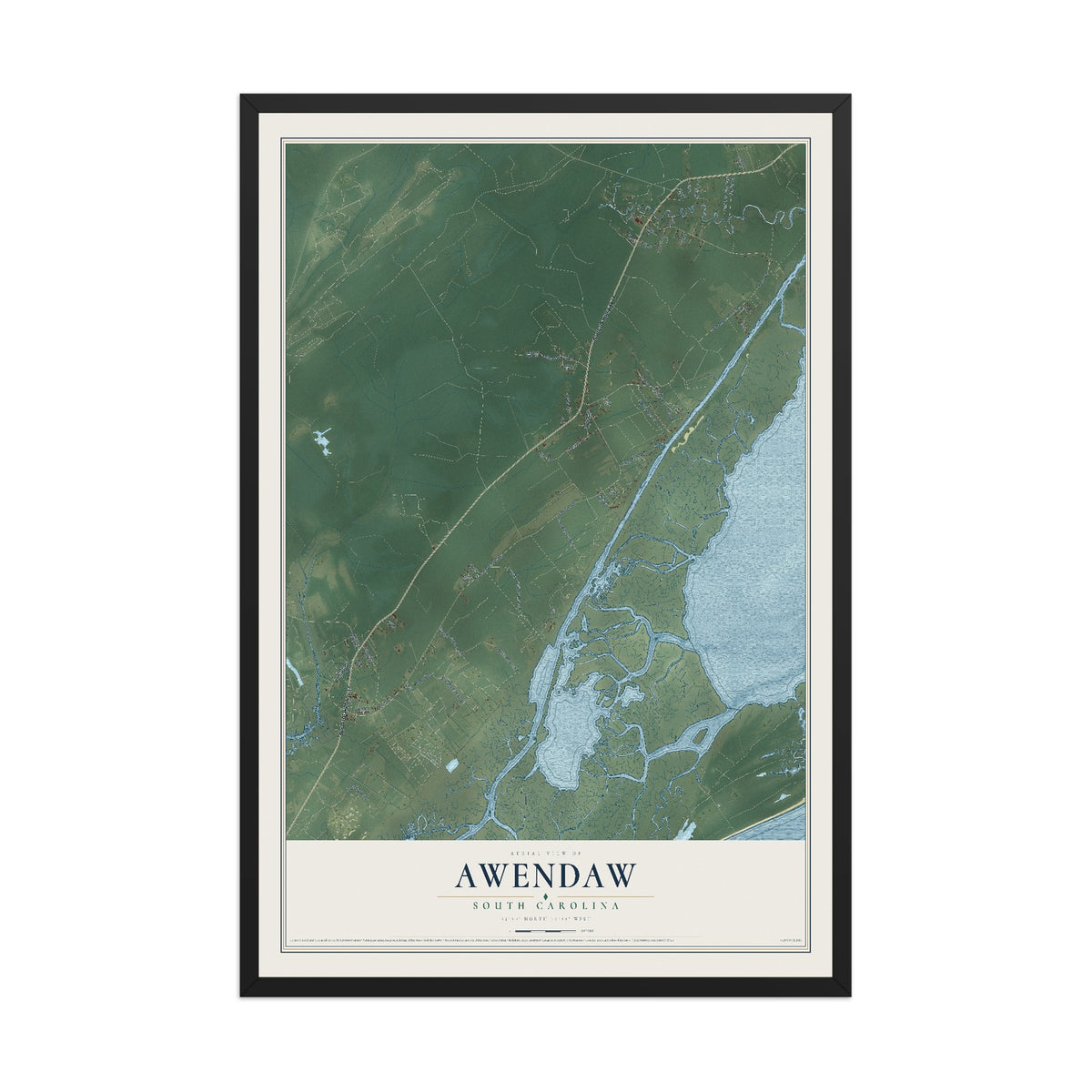 Map of Awendaw, South Carolina, 12 x 18 inch print in a black wood frame
