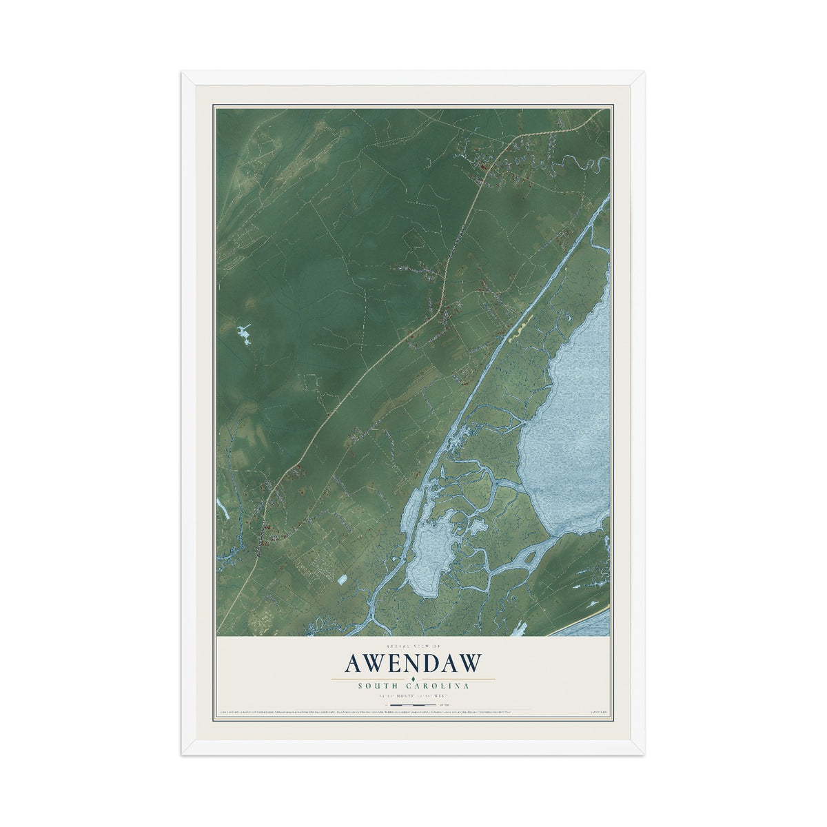 Map of Awendaw, South Carolina, 12 x 18 inch print in a white wood frame