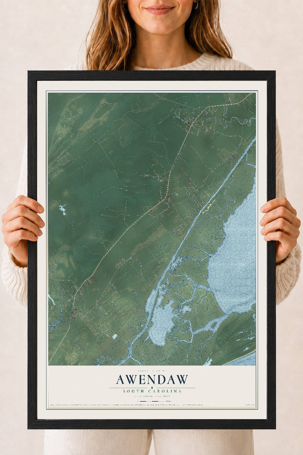 Map of Awendaw, South Carolina, 18 x 24 inch print in a black wood frame