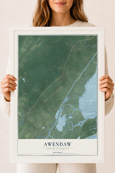 Map of Awendaw, South Carolina, 18 x 24 inch print in a white wood frame
