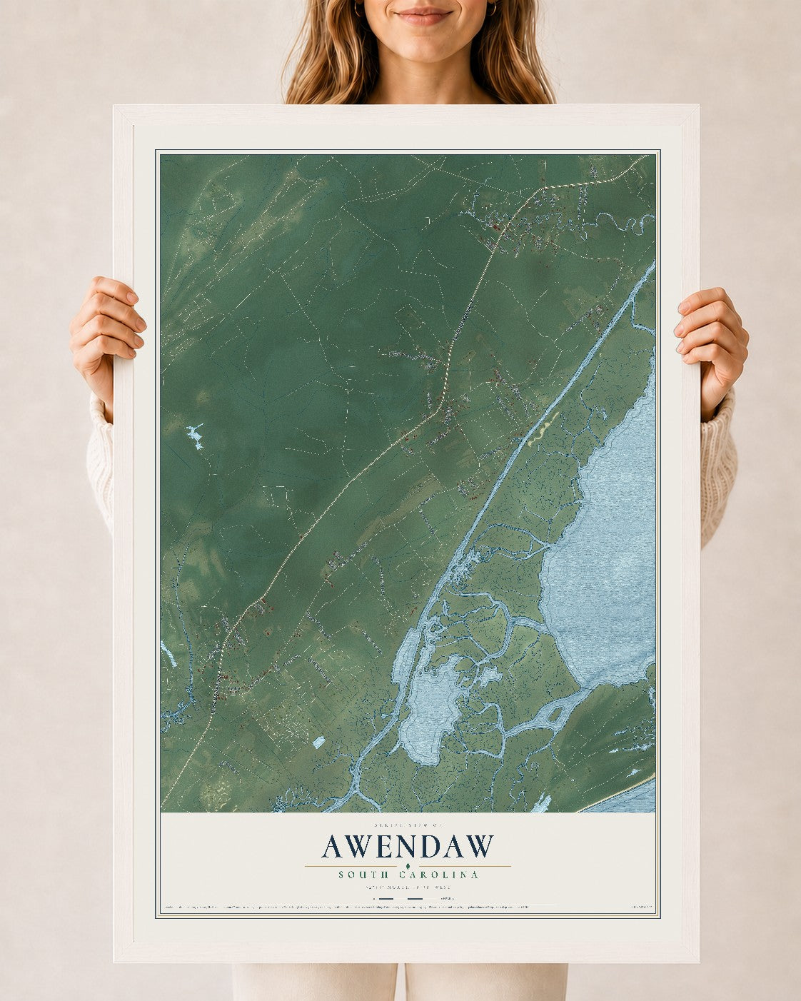 Map of Awendaw, South Carolina, 24 x 36 inch print in a white wood frame