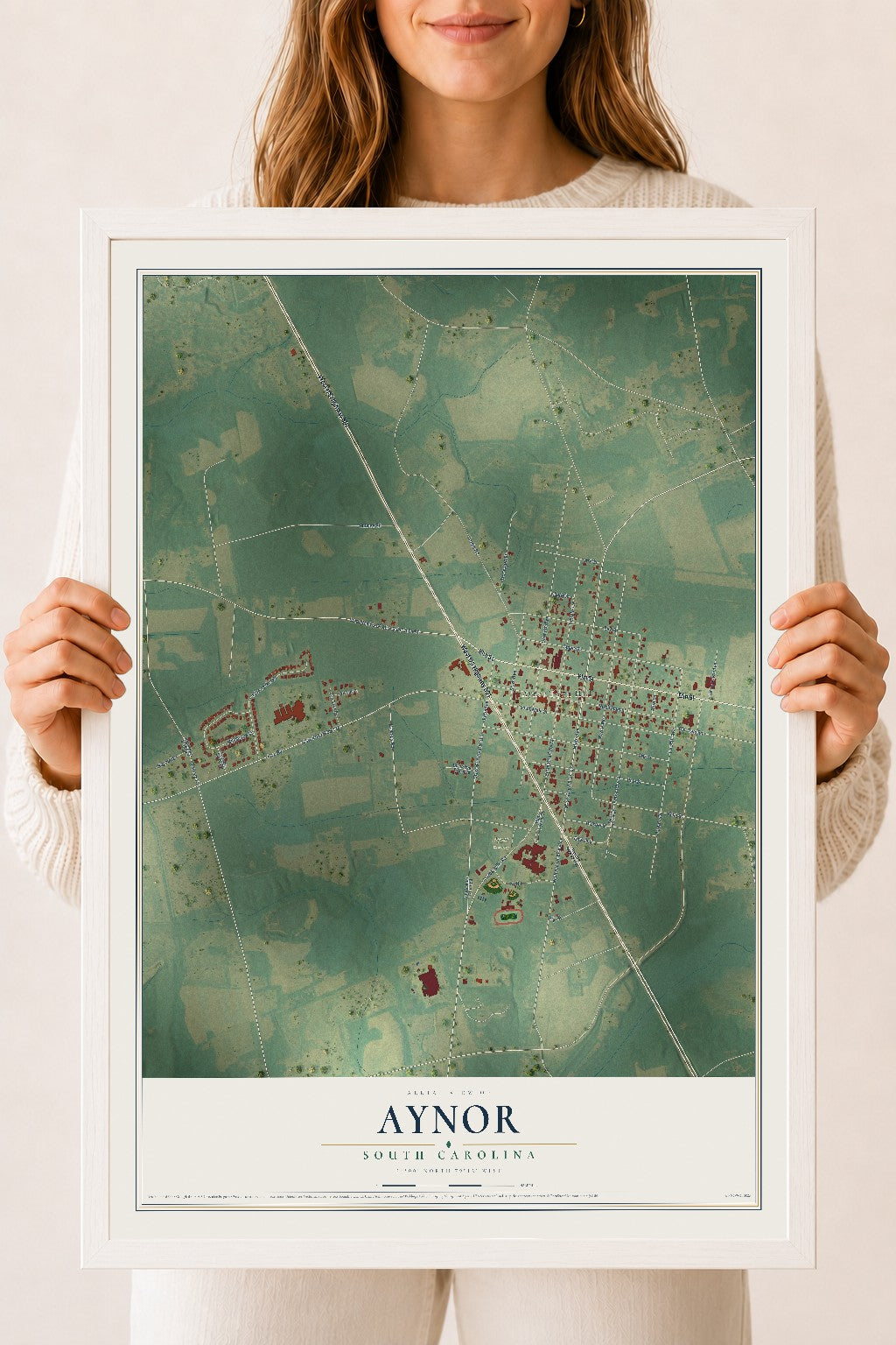 Map of Aynor, South Carolina, 18 x 24 inch print in a white wood frame