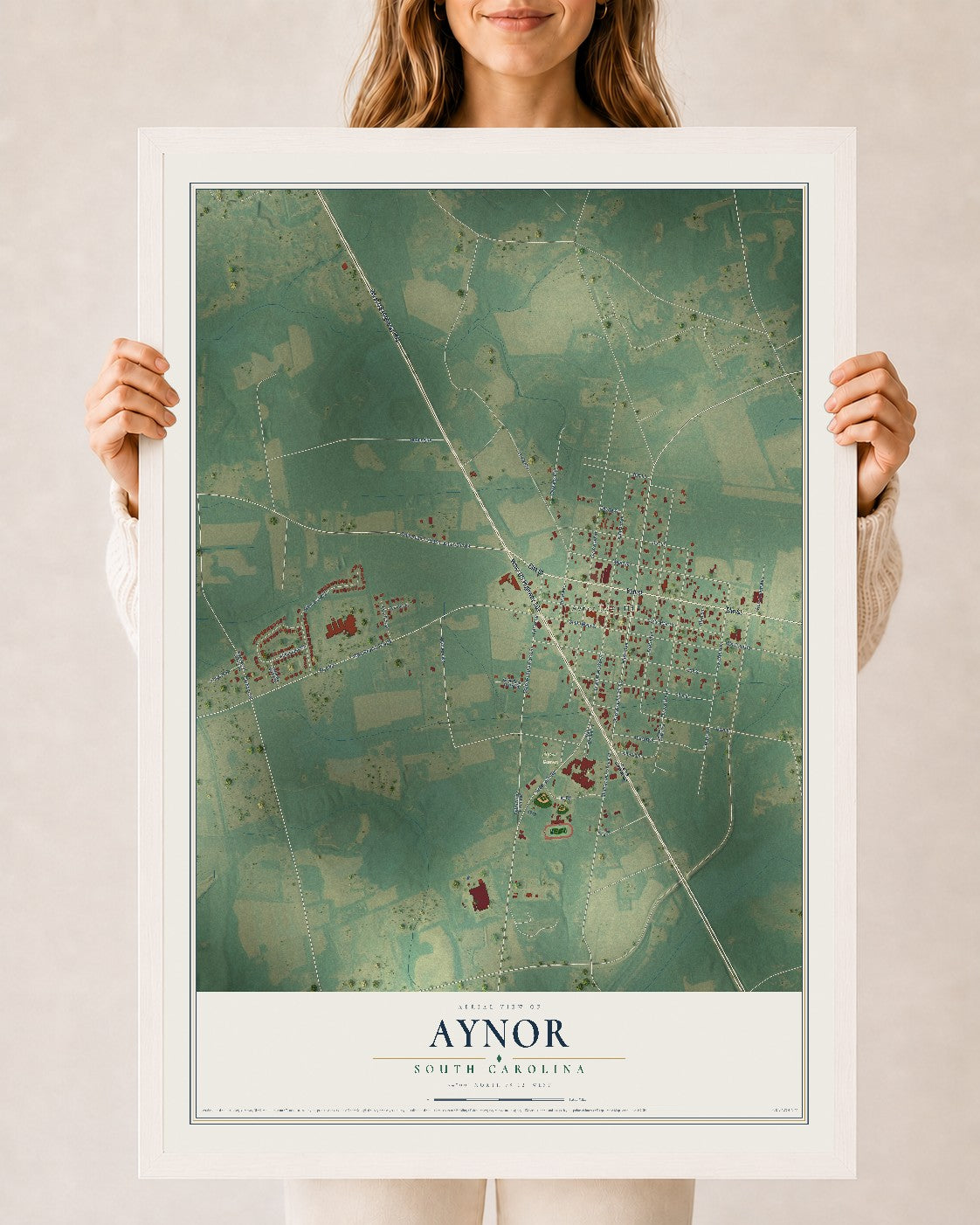Map of Aynor, South Carolina, 24 x 36 inch print in a white wood frame