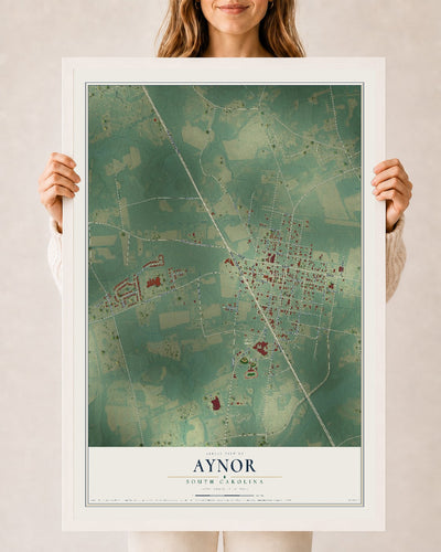 Map of Aynor, South Carolina, 24 x 36 inch print in a white wood frame