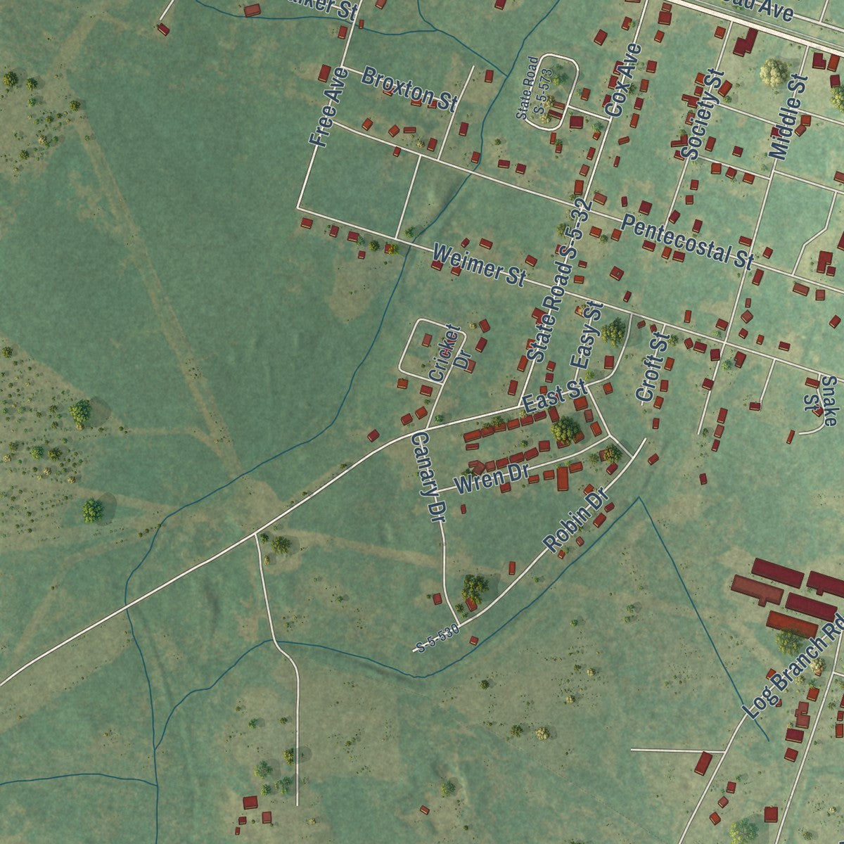 Second close-up of the map of Bamberg, South Carolina print showing more streets and buildings