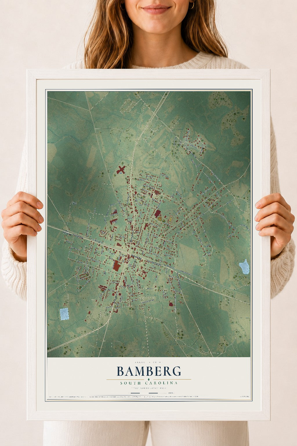 Map of Bamberg, South Carolina, 18 x 24 inch print in a white wood frame