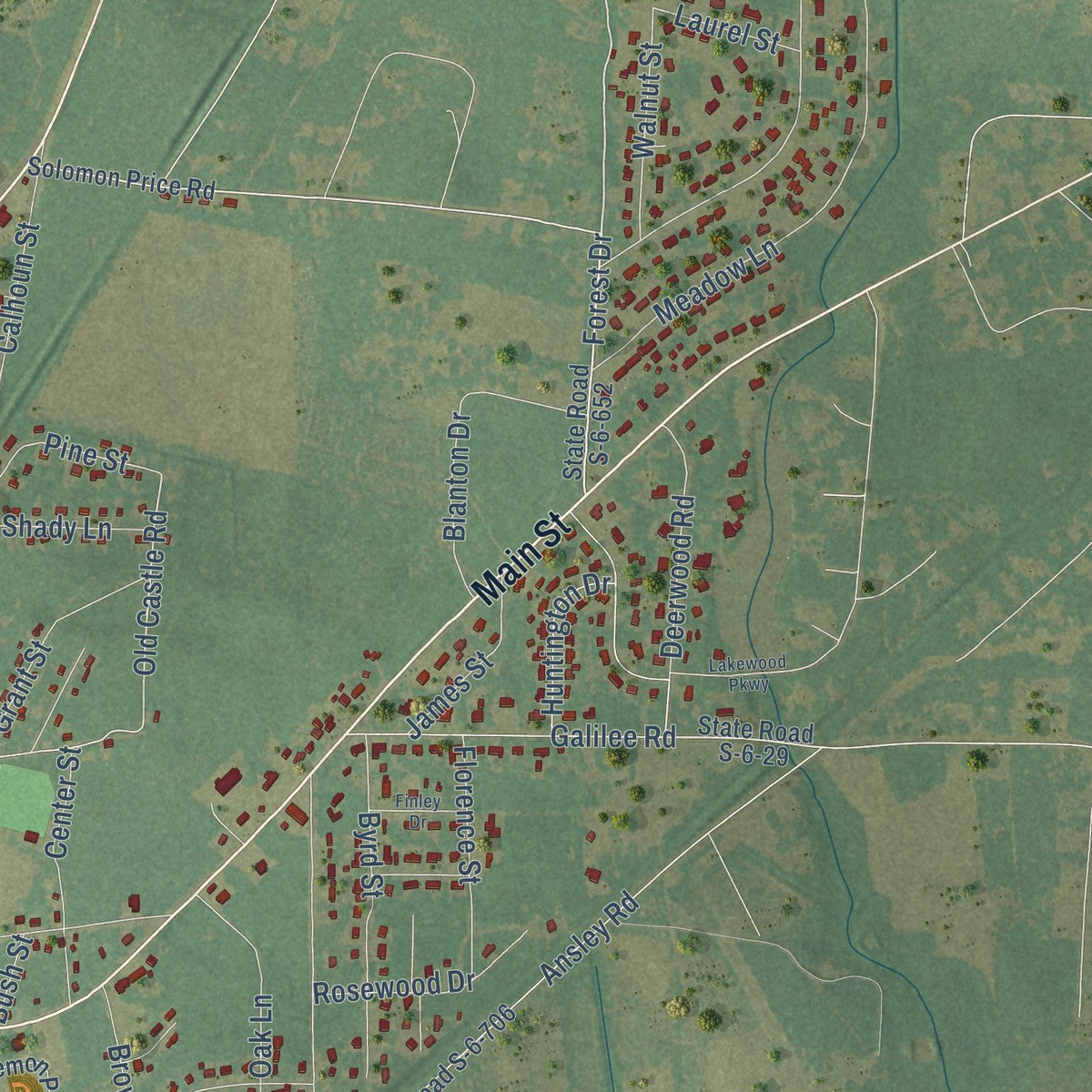 Second close-up of the map of Barnwell, South Carolina print showing more streets and buildings