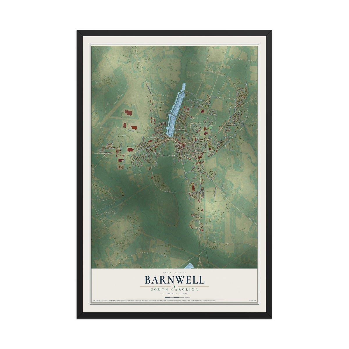 Map of Barnwell, South Carolina, 12 x 18 inch print in a black wood frame