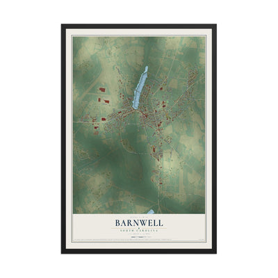 Map of Barnwell, South Carolina, 12 x 18 inch print in a black wood frame