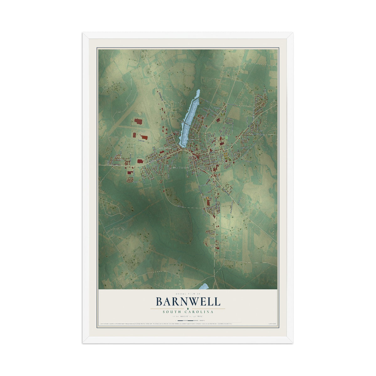 Map of Barnwell, South Carolina, 12 x 18 inch print in a white wood frame