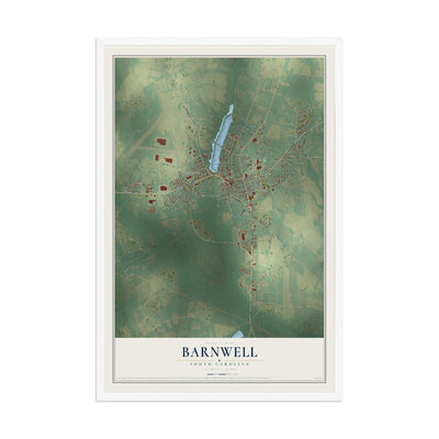 Map of Barnwell, South Carolina, 12 x 18 inch print in a white wood frame