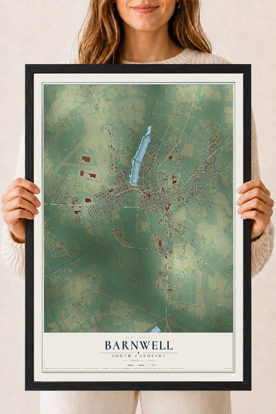 Map of Barnwell, South Carolina, 18 x 24 inch print in a black wood frame