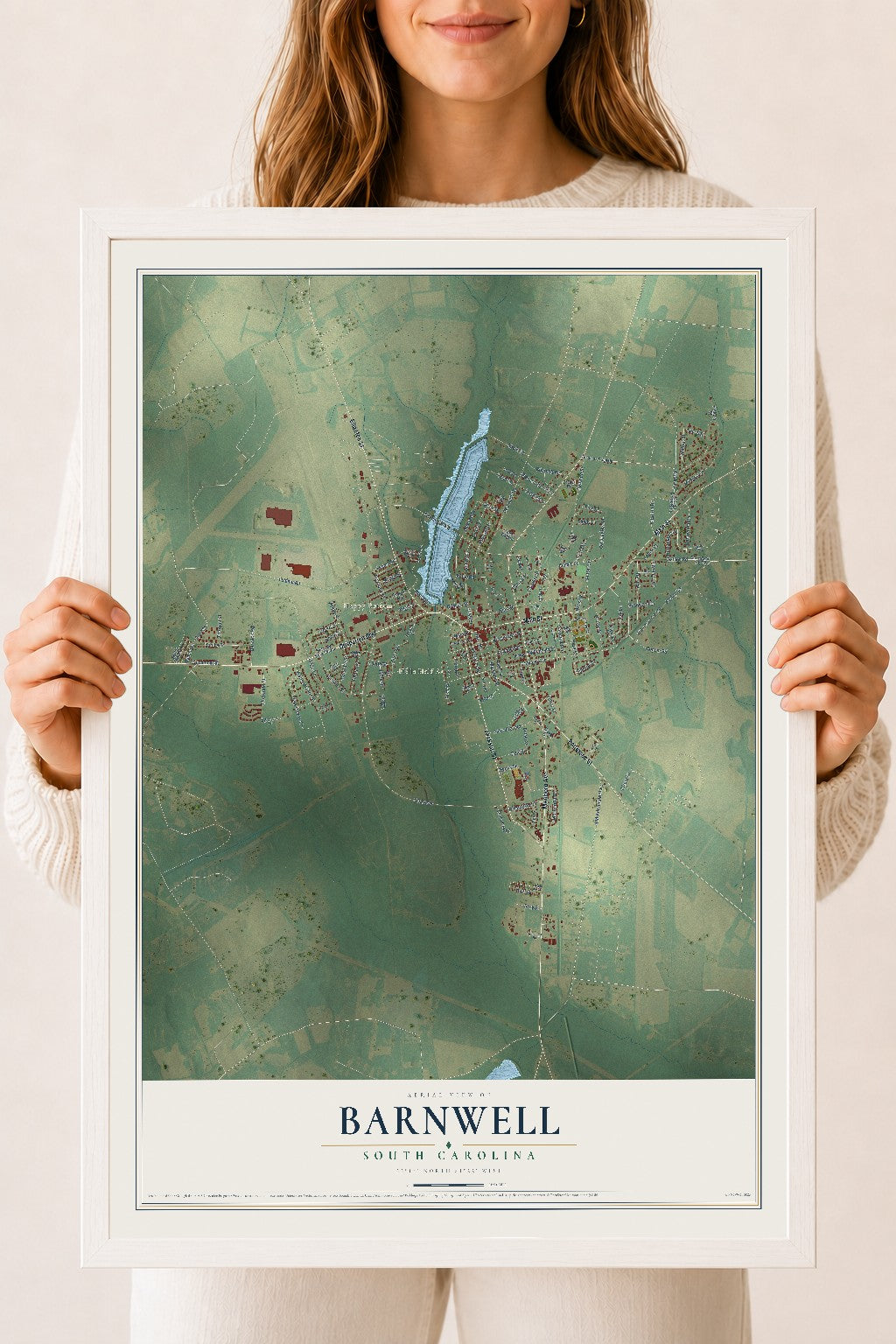 Map of Barnwell, South Carolina, 18 x 24 inch print in a white wood frame