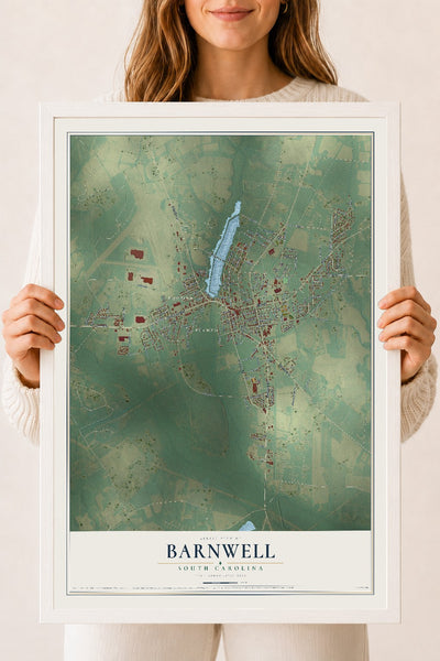 Map of Barnwell, South Carolina, 18 x 24 inch print in a white wood frame