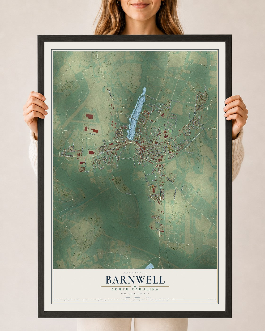 Map of Barnwell, South Carolina, 24 x 36 inch print in a black wood frame