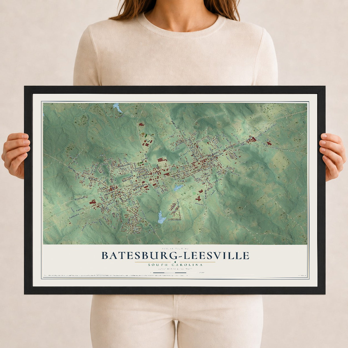 Map of Batesburg-Leesville, South Carolina, 12 x 18 inch print in a black wood frame