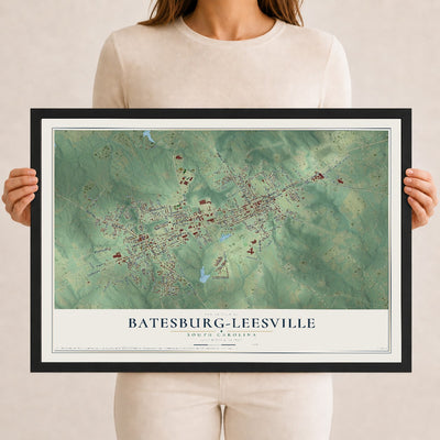 Map of Batesburg-Leesville, South Carolina, 12 x 18 inch print in a black wood frame