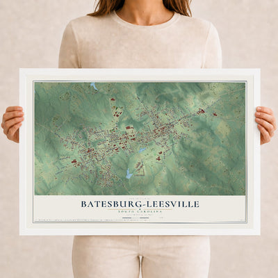 Map of Batesburg-Leesville, South Carolina, 12 x 18 inch print in a white wood frame