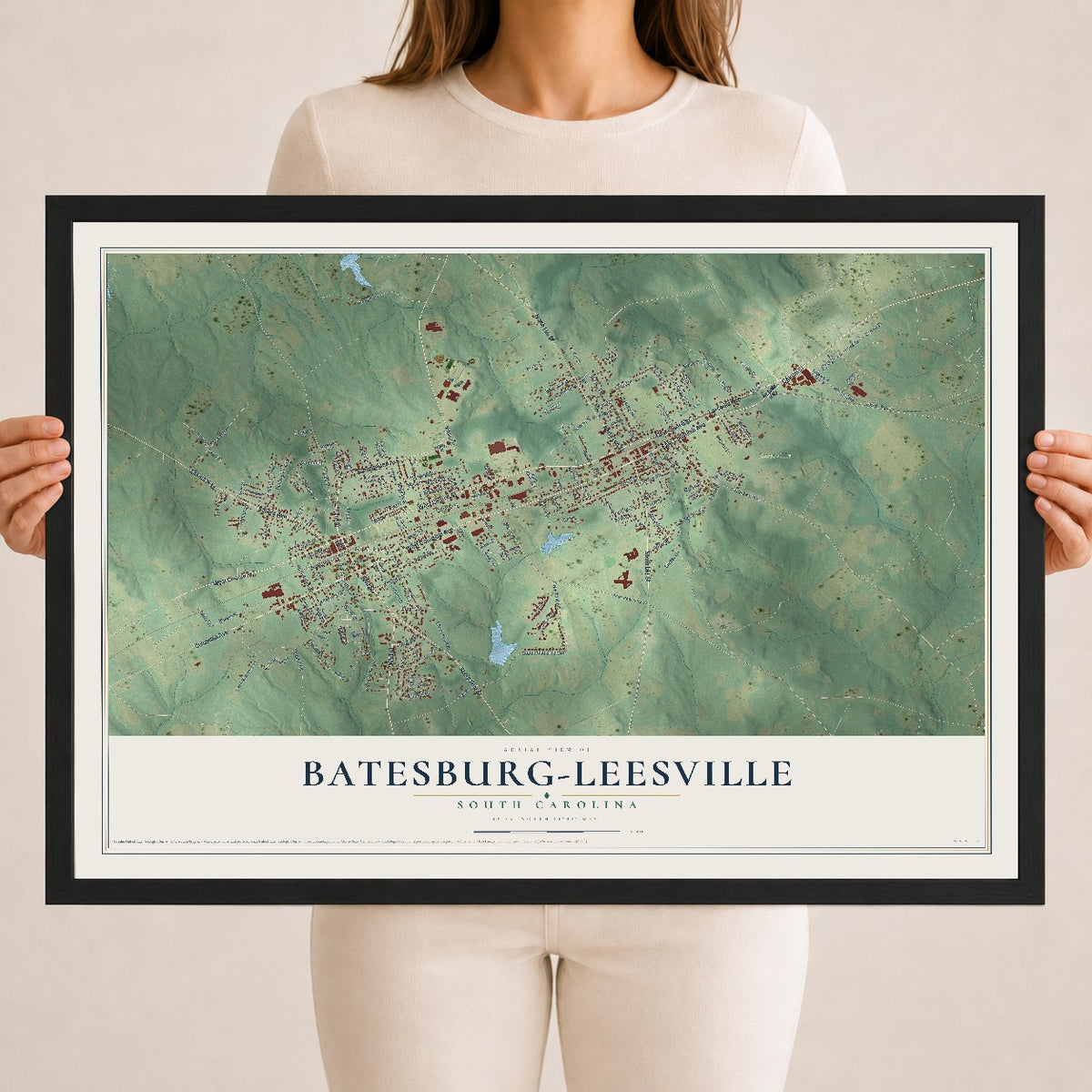 Map of Batesburg-Leesville, South Carolina, 18 x 24 inch print in a black wood frame
