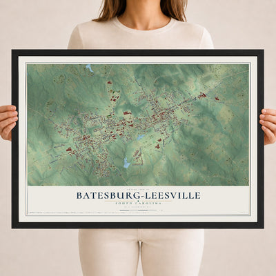 Map of Batesburg-Leesville, South Carolina, 18 x 24 inch print in a black wood frame