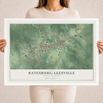 Map of Batesburg-Leesville, South Carolina, 18 x 24 inch print in a white wood frame