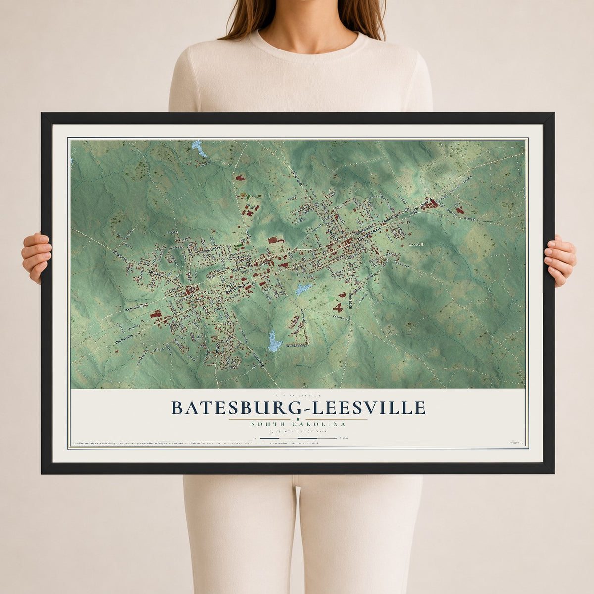 Map of Batesburg-Leesville, South Carolina, 24 x 36 inch print in a black wood frame