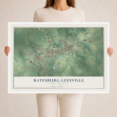 Map of Batesburg-Leesville, South Carolina, 24 x 36 inch print in a white wood frame