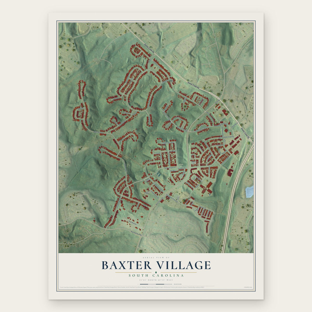 Baxter Village, South Carolina map print, the full design