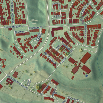 Close-up of the map of Baxter Village, South Carolina print showing street and building detail