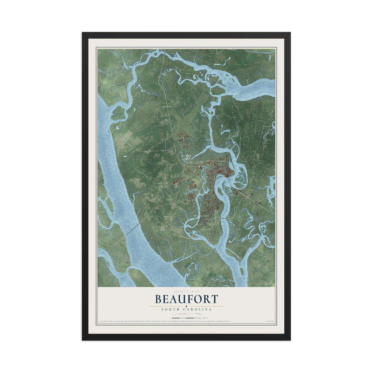 Map of Beaufort, South Carolina, 12 x 18 inch print in a black wood frame