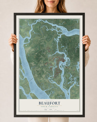 Map of Beaufort, South Carolina, 24 x 36 inch print in a black wood frame